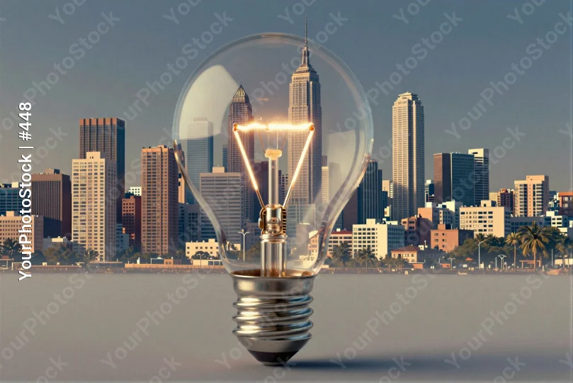 City Skyline with Light Bulb at Night empire state building
