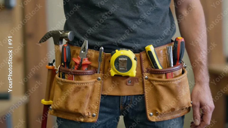 Construction Worker with Tool Belt in Workshop