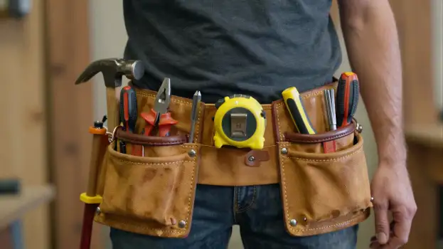 Construction Worker with Tool Belt in Workshop