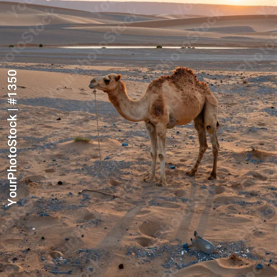 Camel in Sunset Desert Landscape sand dune rocks