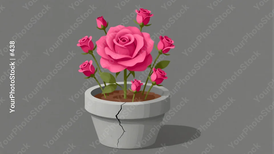 Cracked White Pot with Pink Roses digital illustration