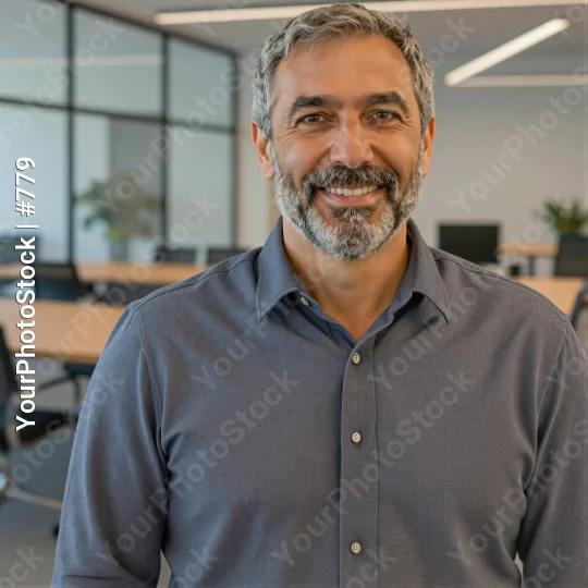 Middle-aged man smiling in modern office beard