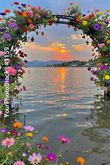 Lake at Sunset with Reflective Water and Colorful Flowers