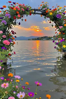 Lake at Sunset with Reflective Water and Colorful Flowers