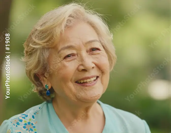 Happy elderly woman smiling in park close-up portrait