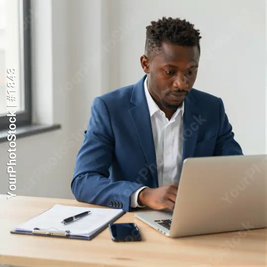 African-American Man Working at Desk laptop office