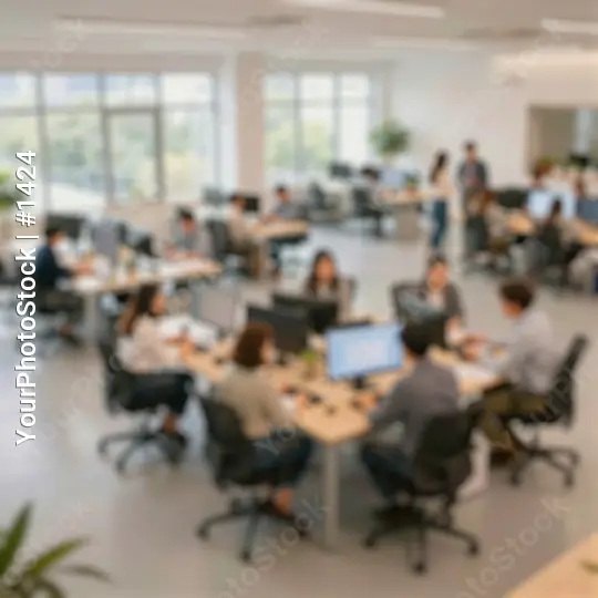 Blurred Busy Open Office Space with Semi-Circle Tables
