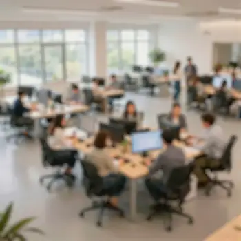 Blurred Busy Open Office Space with Semi-Circle Tables