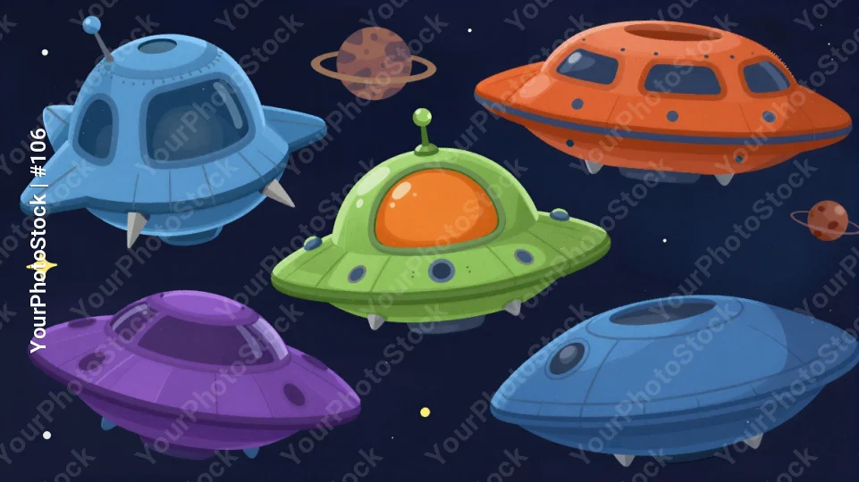 6 Cartoon Flying Saucers in Space illustration