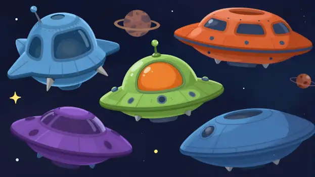 6 Cartoon Flying Saucers in Space illustration