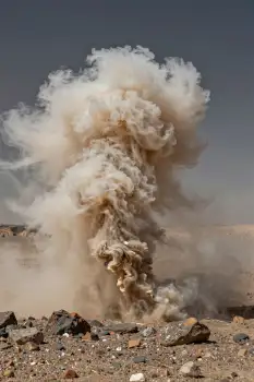 Explosion in Desert dust cloud smoke barren land