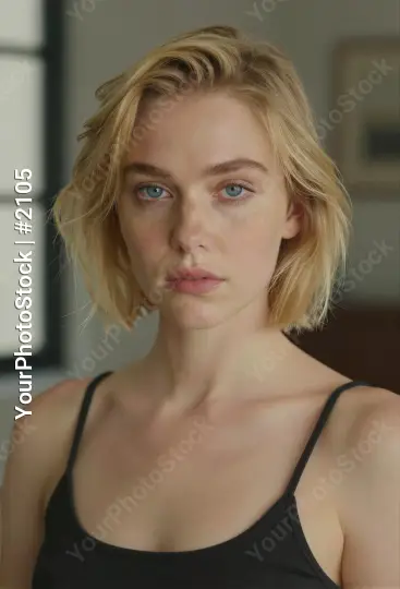 Serious Young Woman with Blonde Hair Looking Directly at Camera model