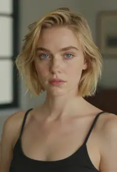 Serious Young Woman with Blonde Hair Looking Directly at Camera model