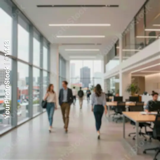 blurred Modern Office Space with High Ceiling and City View