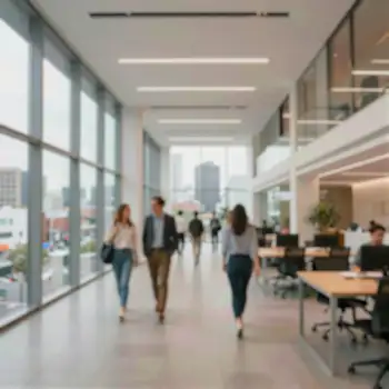 blurred Modern Office Space with High Ceiling and City View