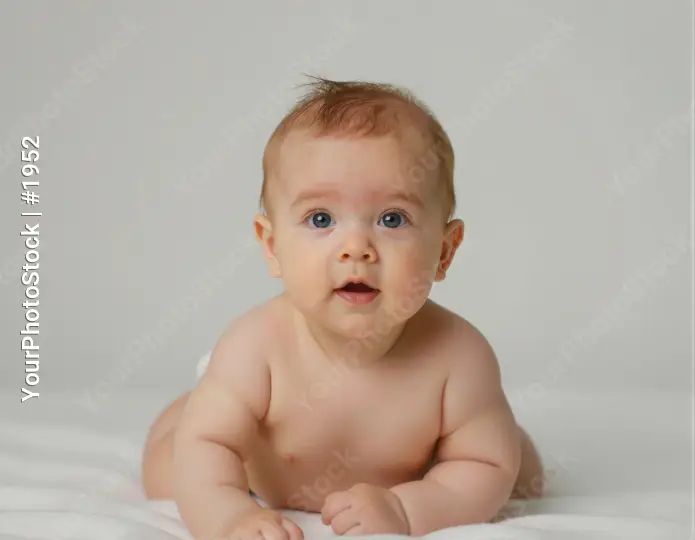 Baby lying on stomach with curious expression