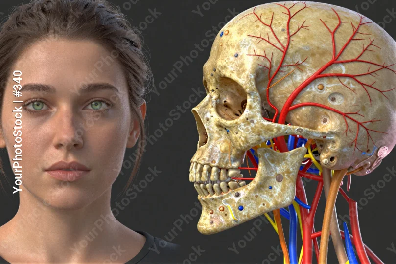 3D Rendered Human Skull Anatomy with Young Woman's Face