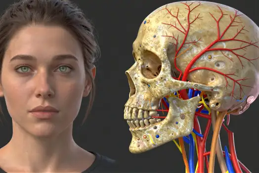 3D Rendered Human Skull Anatomy with Young Woman's Face