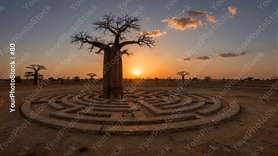 Baobab Tree in Desert Maze at Sunset stone concrete