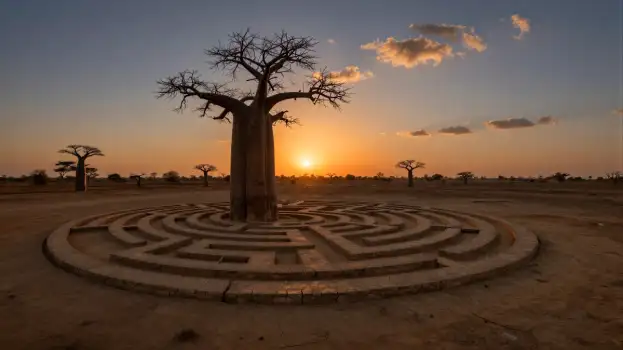 Baobab Tree in Desert Maze at Sunset stone concrete