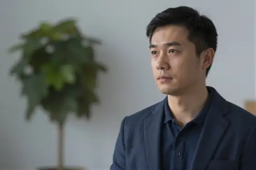 Serious Asian Man in Blue Shirt Looking Off blazer business corporate