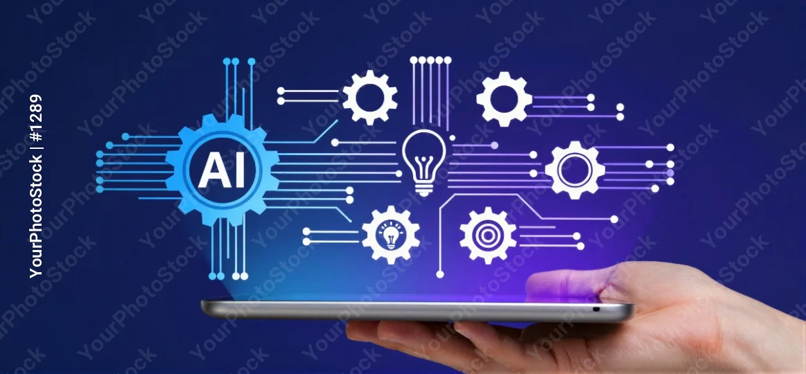 Hand Holding Tablet with AI Icons technology gears