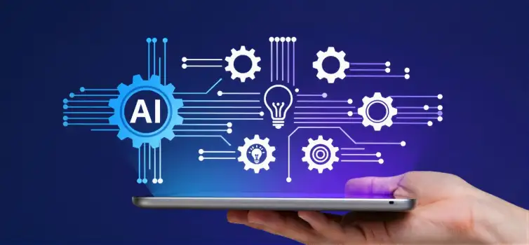 Hand Holding Tablet with AI Icons technology gears
