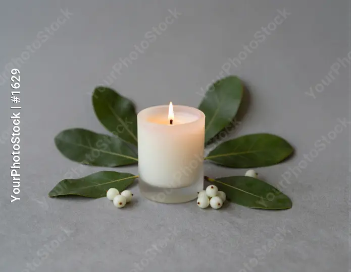 Bright White Candle on Grey Background with Green Leaves