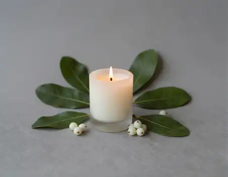 Bright White Candle on Grey Background with Green Leaves