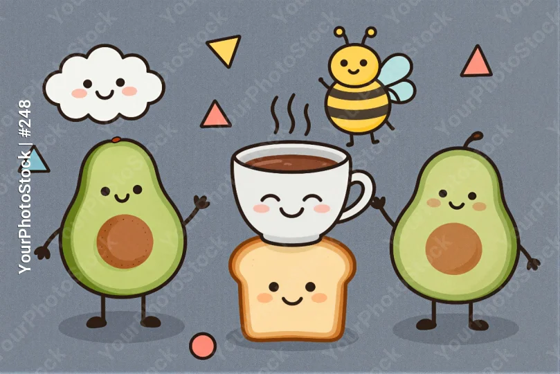 Three Avocados and Coffee Cup with Bee and Clouds