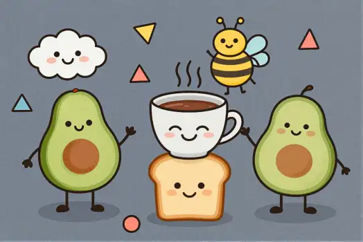 Three Avocados and Coffee Cup with Bee and Clouds