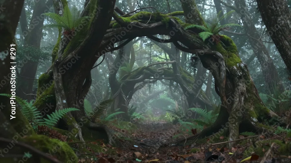 Eerie Forest Arch with Moss-Covered Trees twisted trunk