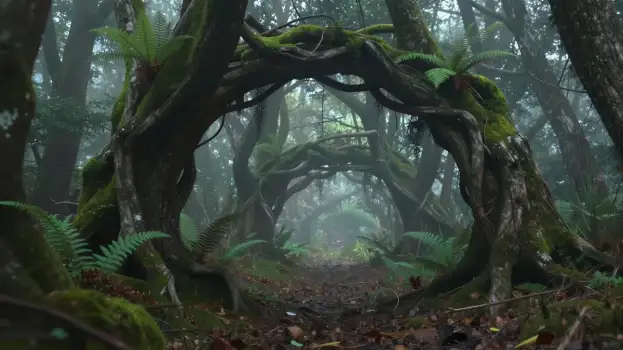 Eerie Forest Arch with Moss-Covered Trees twisted trunk