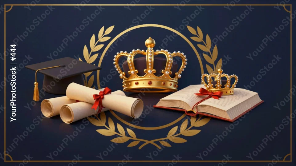 Three Golden Crowns and Scrolls on Dark Blue Background