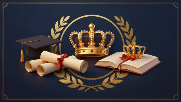 Three Golden Crowns and Scrolls on Dark Blue Background