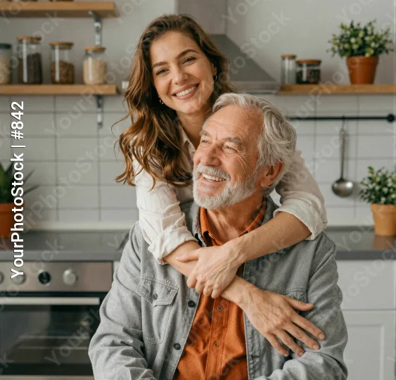 elderly man and young woman smiling in kitchen