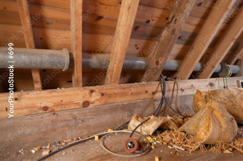 Attic Interior with Pipes and Debris wooden beams