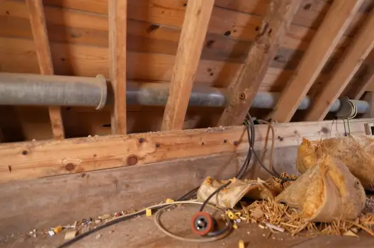 Attic Interior with Pipes and Debris wooden beams