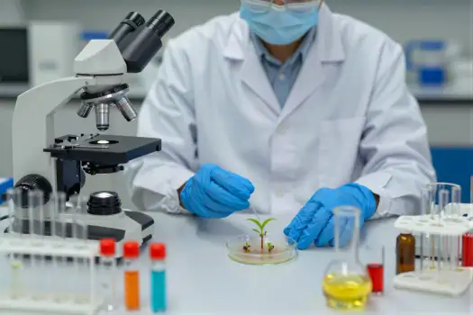 Scientist Working in Laboratory microscope lab coat