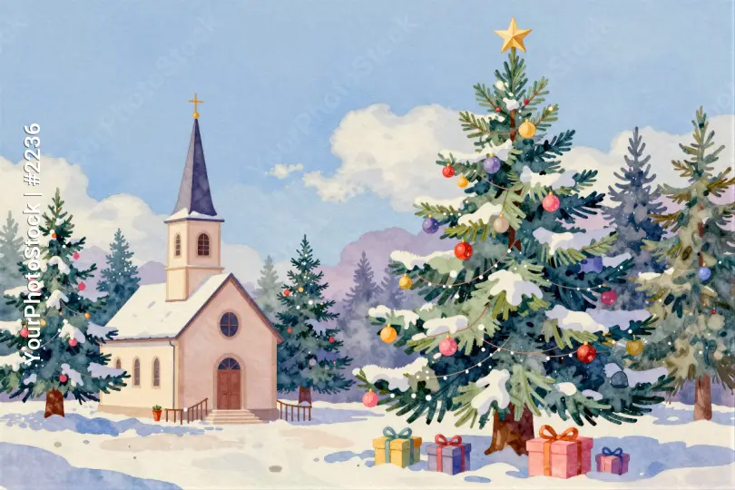 Snowy Church with Christmas Trees and Gifts landscape