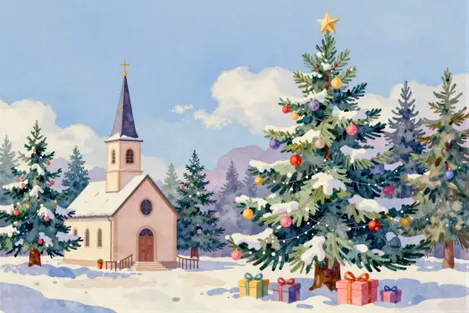 Snowy Church with Christmas Trees and Gifts landscape