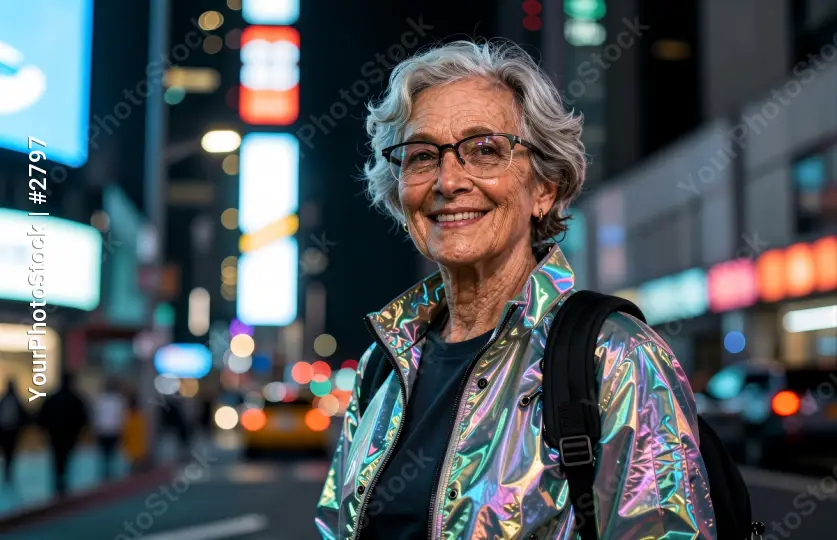 Smiling Woman in Street Fashion with Urban Background
