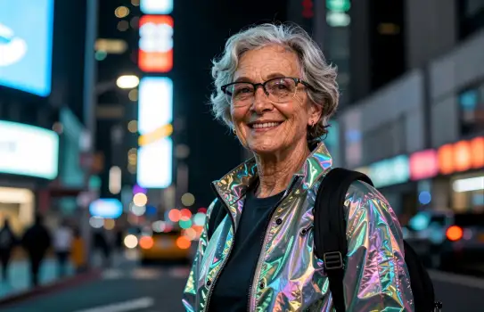 Smiling Woman in Street Fashion with Urban Background