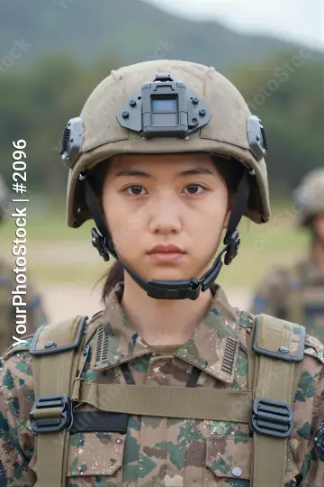 Young Woman in Military Uniform Looking Directly at Camera