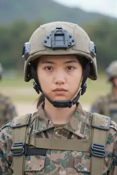 Young Woman in Military Uniform Looking Directly at Camera