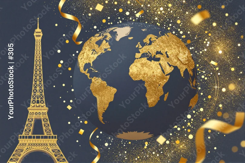 Eiffel Tower with Gold Globe and Confetti, Festive Paris