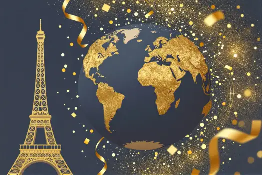 Eiffel Tower with Gold Globe and Confetti, Festive Paris