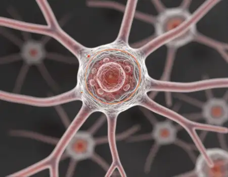 Group of Neurons in Radial Pattern with Bright Orange Central Cell