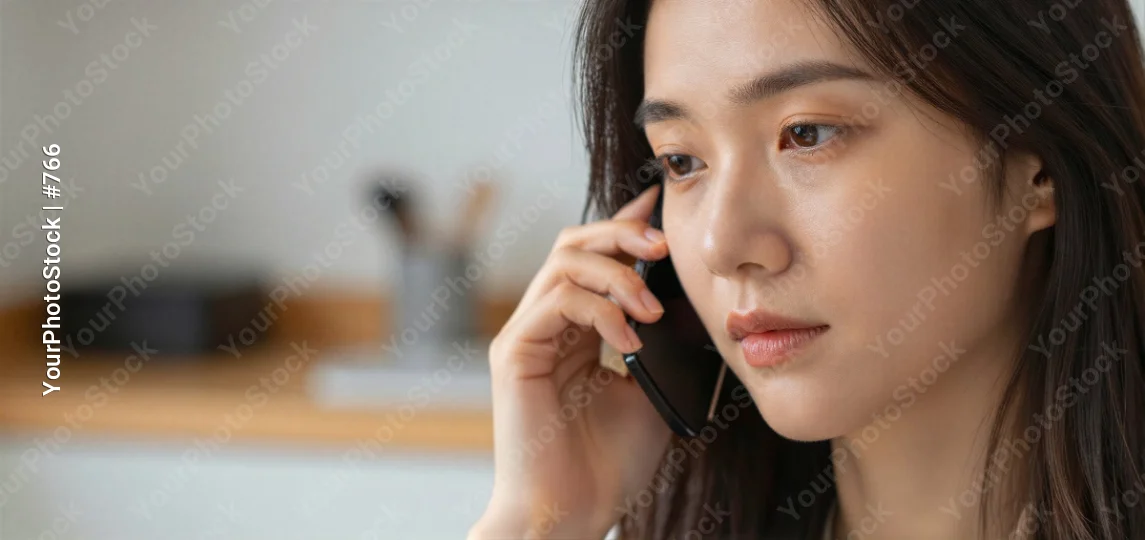 Asian woman talking on phone in focused conversation
