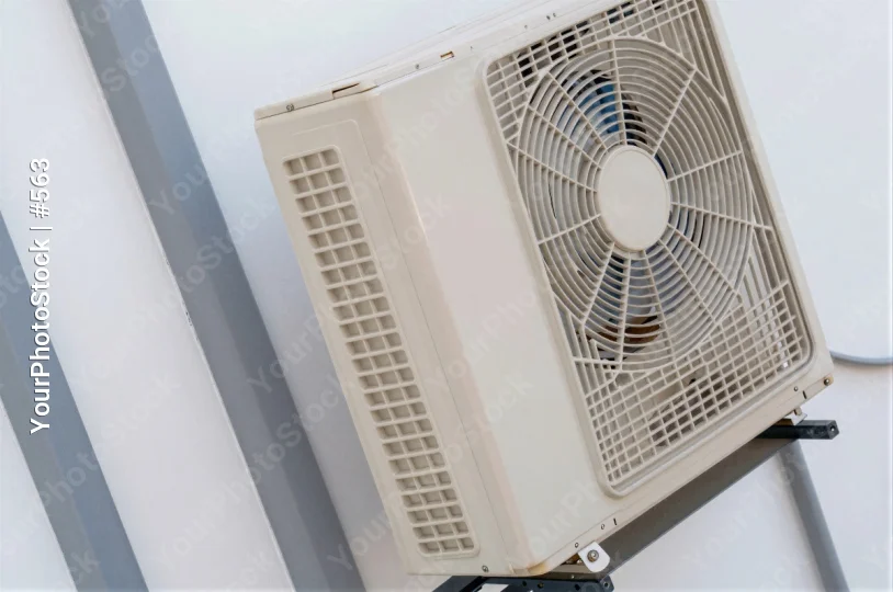 White Air Conditioning Unit on Metal Stand fan